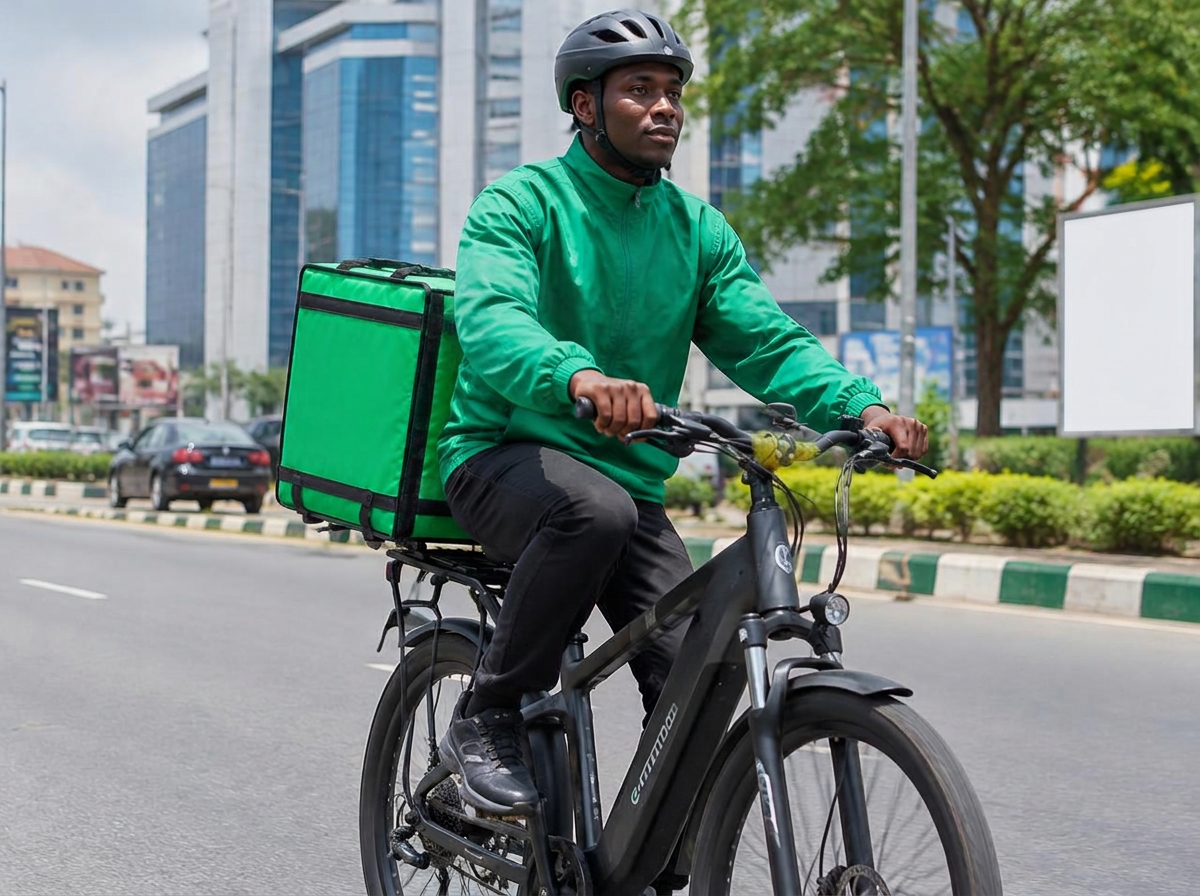 A delivery rider on an electric bicycle.