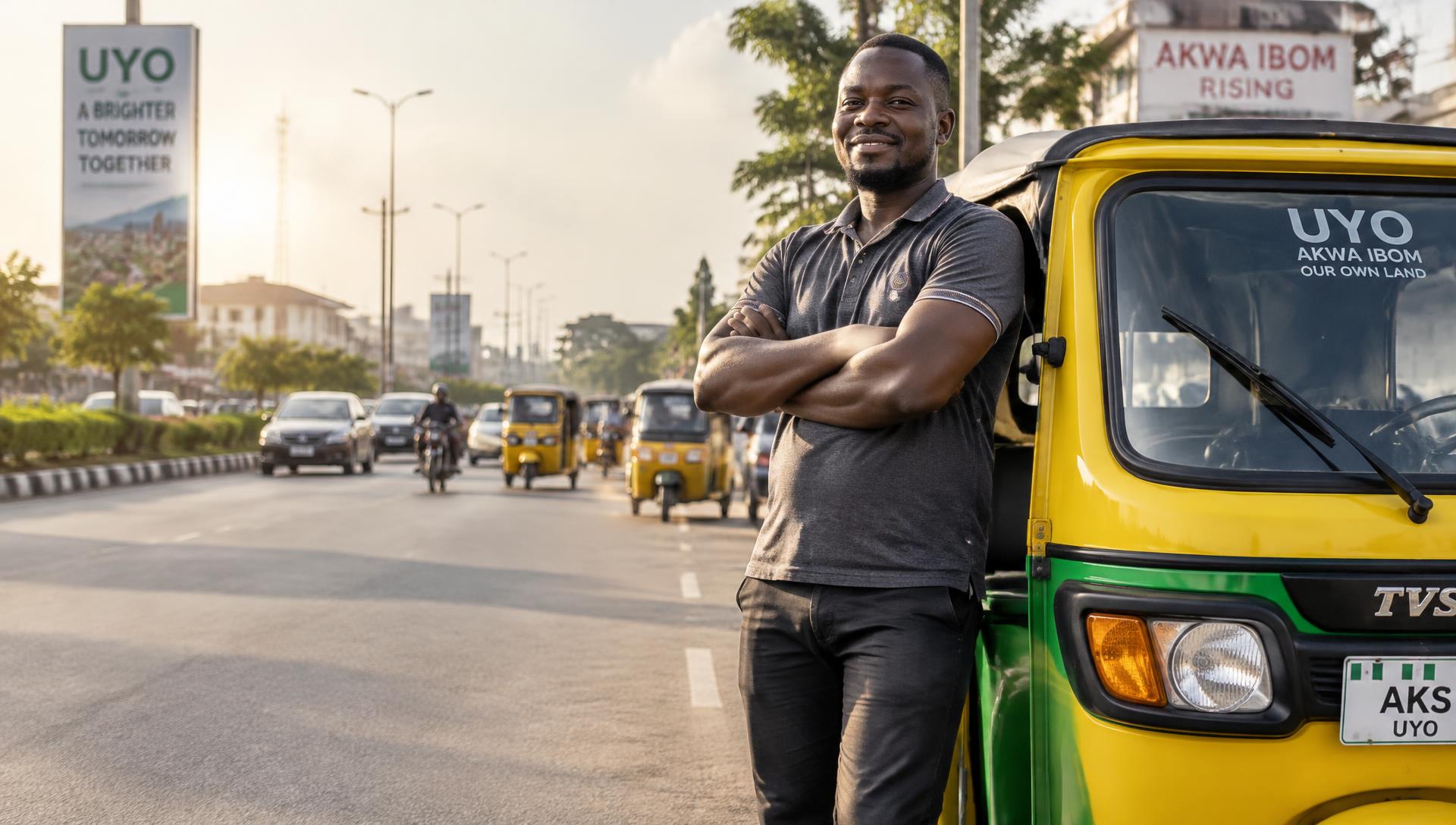 A keke driver beside his tricycle on an Uyo street.