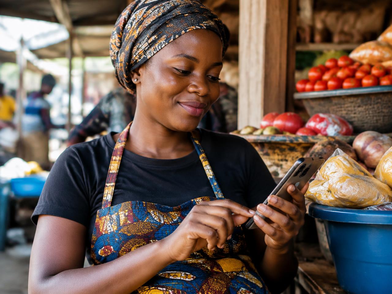 A trader checking her phone.