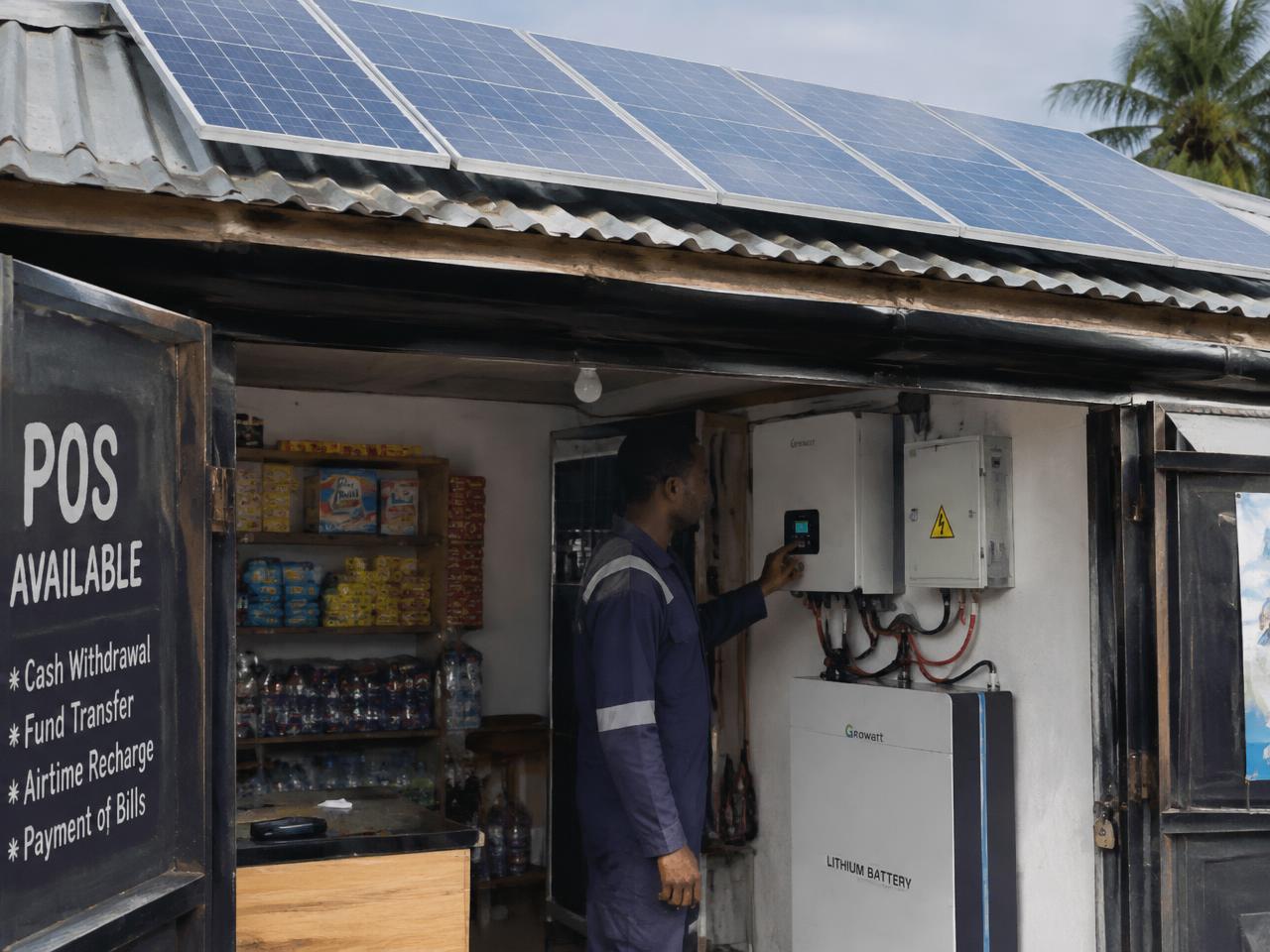 A technician checking a solar inverter and battery in a small shop.