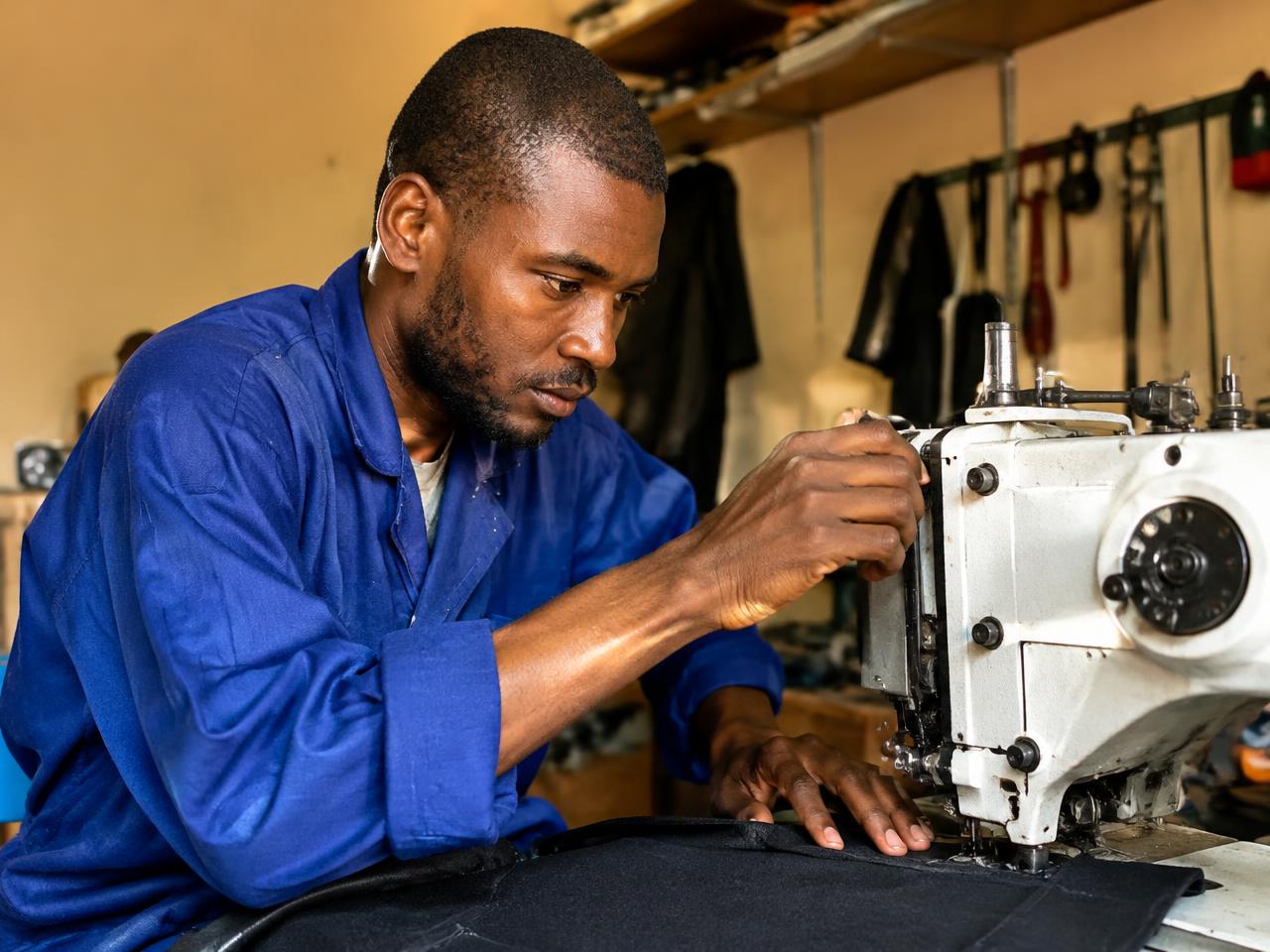 A tailor operating an industrial sewing machine in his workshop.
